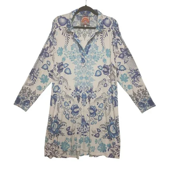 Johnny Was Women White & Blue Tunic Top Bamboo Print Farrow Polo Swing Dress  XL - Picture 3 of 7